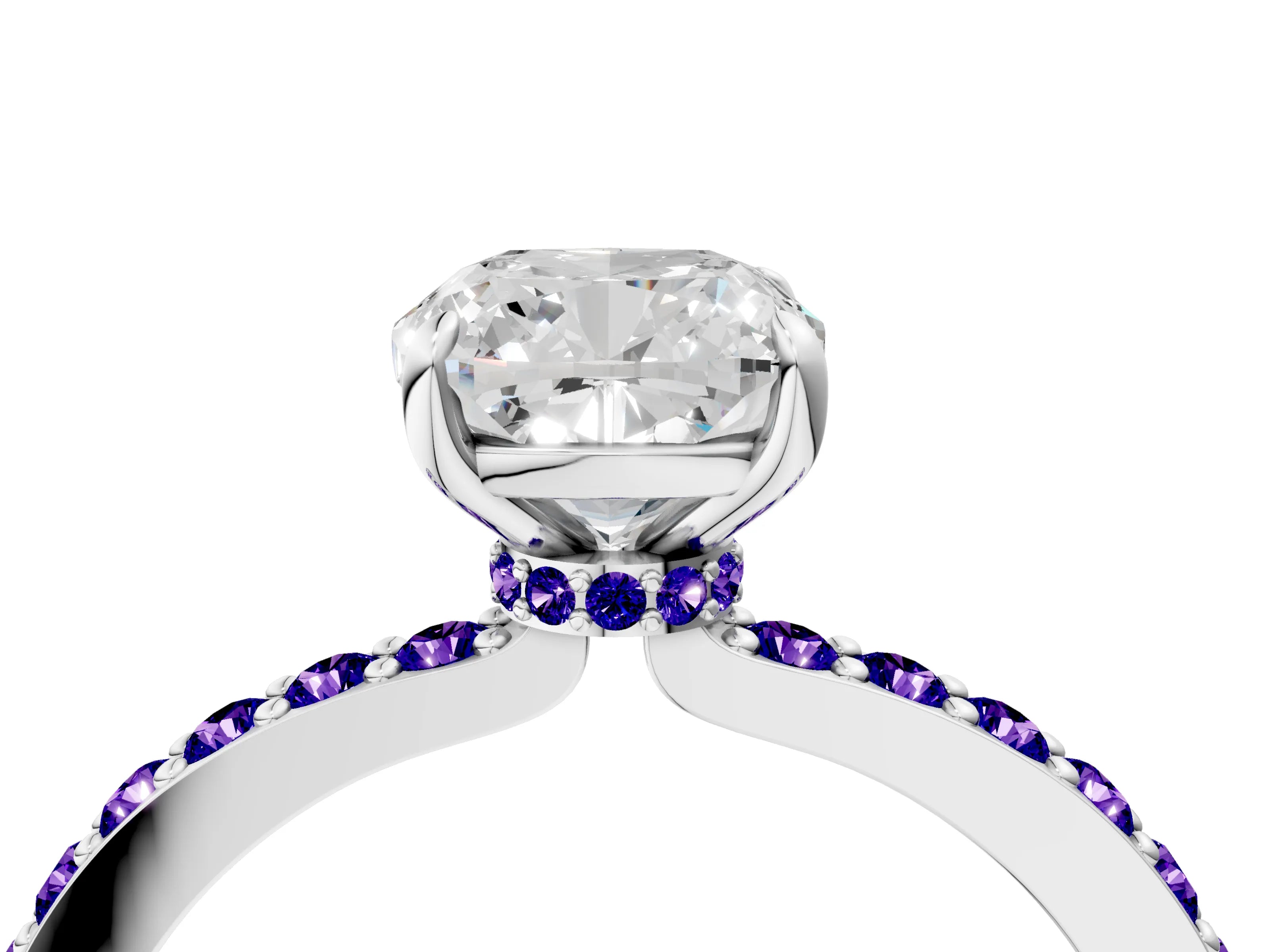 White gold Cushion Cut Diamond Pavé Engagement Ring with Round with Tanzanite side stone Accents and Prong Setting_16
