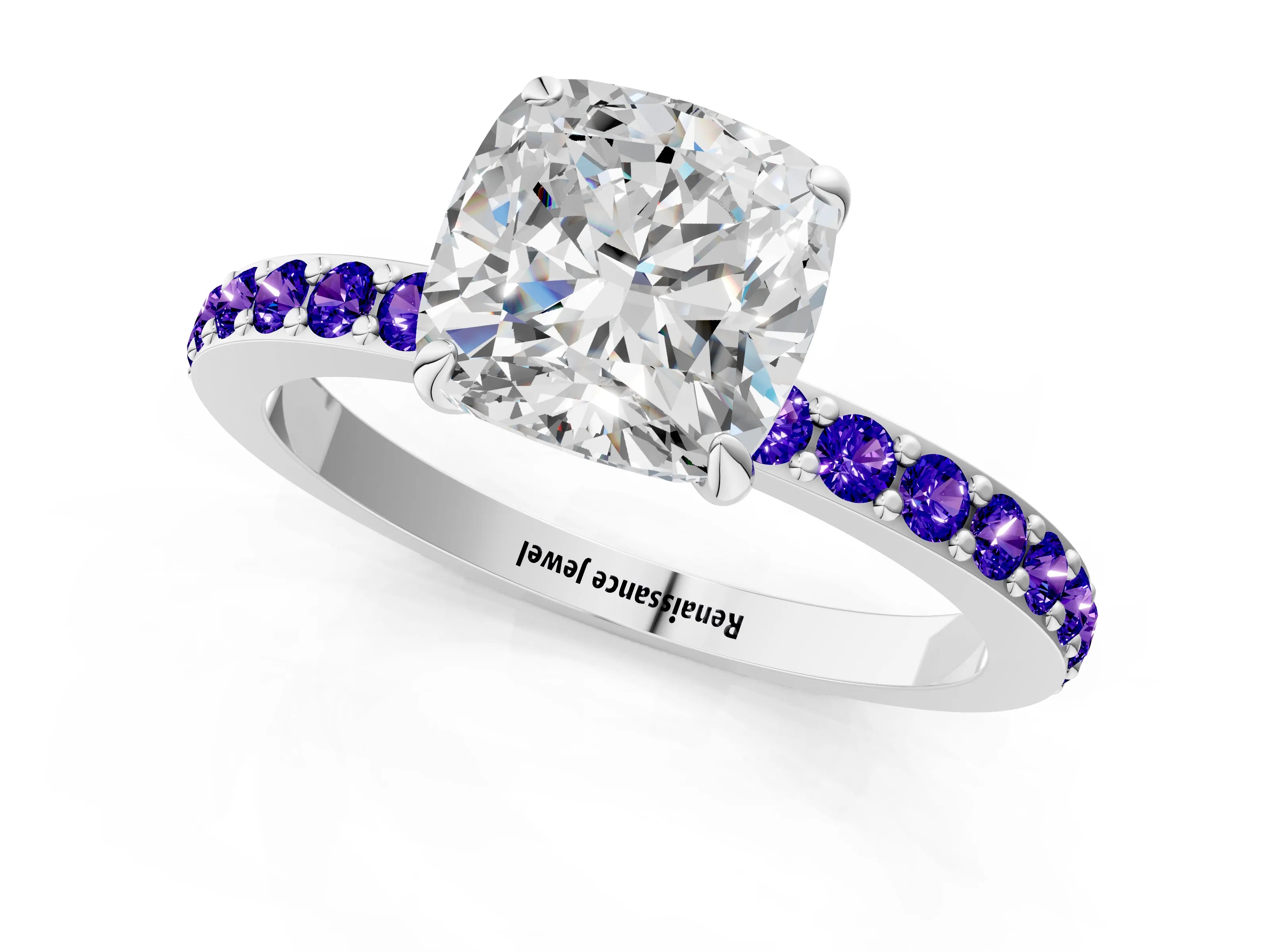 White gold Cushion Cut Diamond Pavé Engagement Ring with Round with Tanzanite side stone Accents and Prong Setting_1