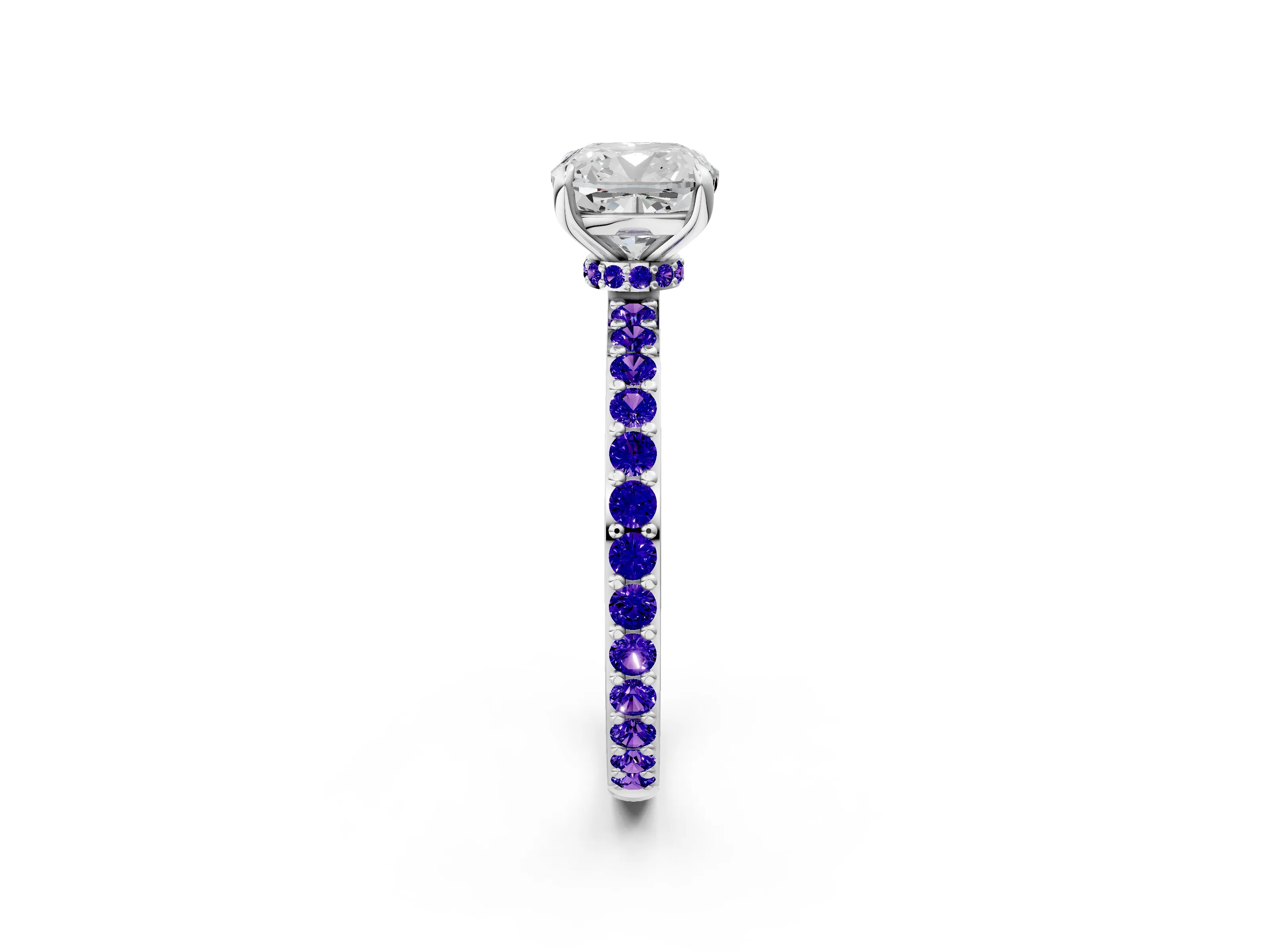 White gold Cushion Cut Diamond Pavé Engagement Ring with Round with Tanzanite side stone Accents and Prong Setting_2