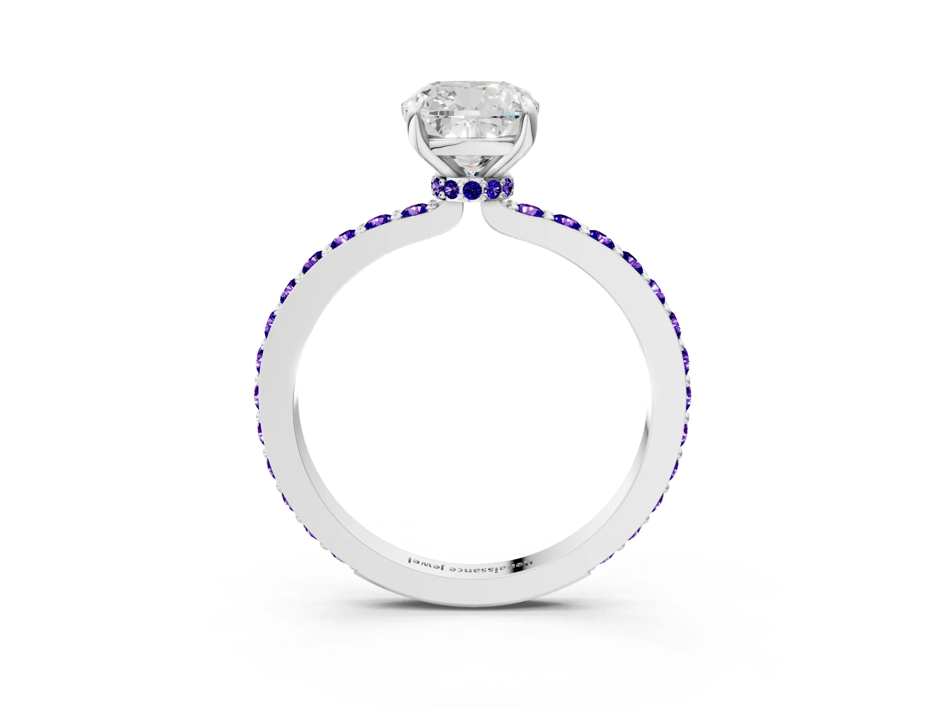 White gold Cushion Cut Diamond Pavé Engagement Ring with Round with Tanzanite side stone Accents and Prong Setting_3