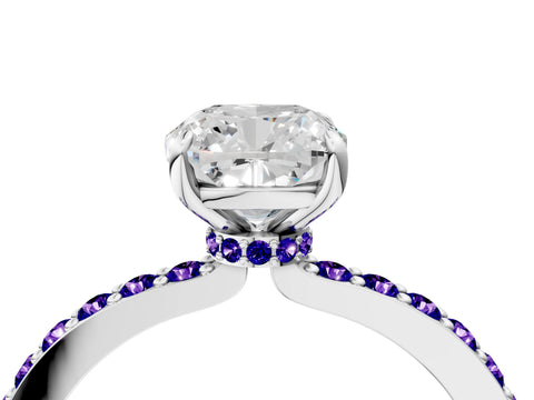 White gold Cushion Cut Diamond Pavé Engagement Ring with Round with Tanzanite side stone Accents and Prong Setting_4
