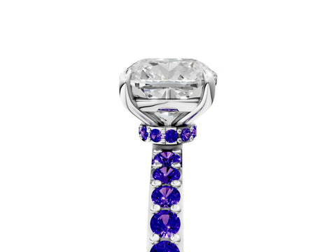 White gold Cushion Cut Diamond Pavé Engagement Ring with Round with Tanzanite side stone Accents and Prong Setting_5