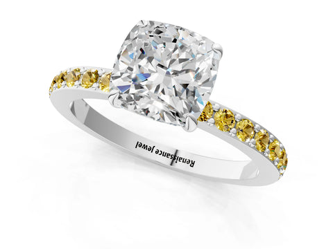 White gold Cushion Cut Diamond Pavé Engagement Ring with Round with Yellow Sapphire side stone Accents and Prong Setting_13