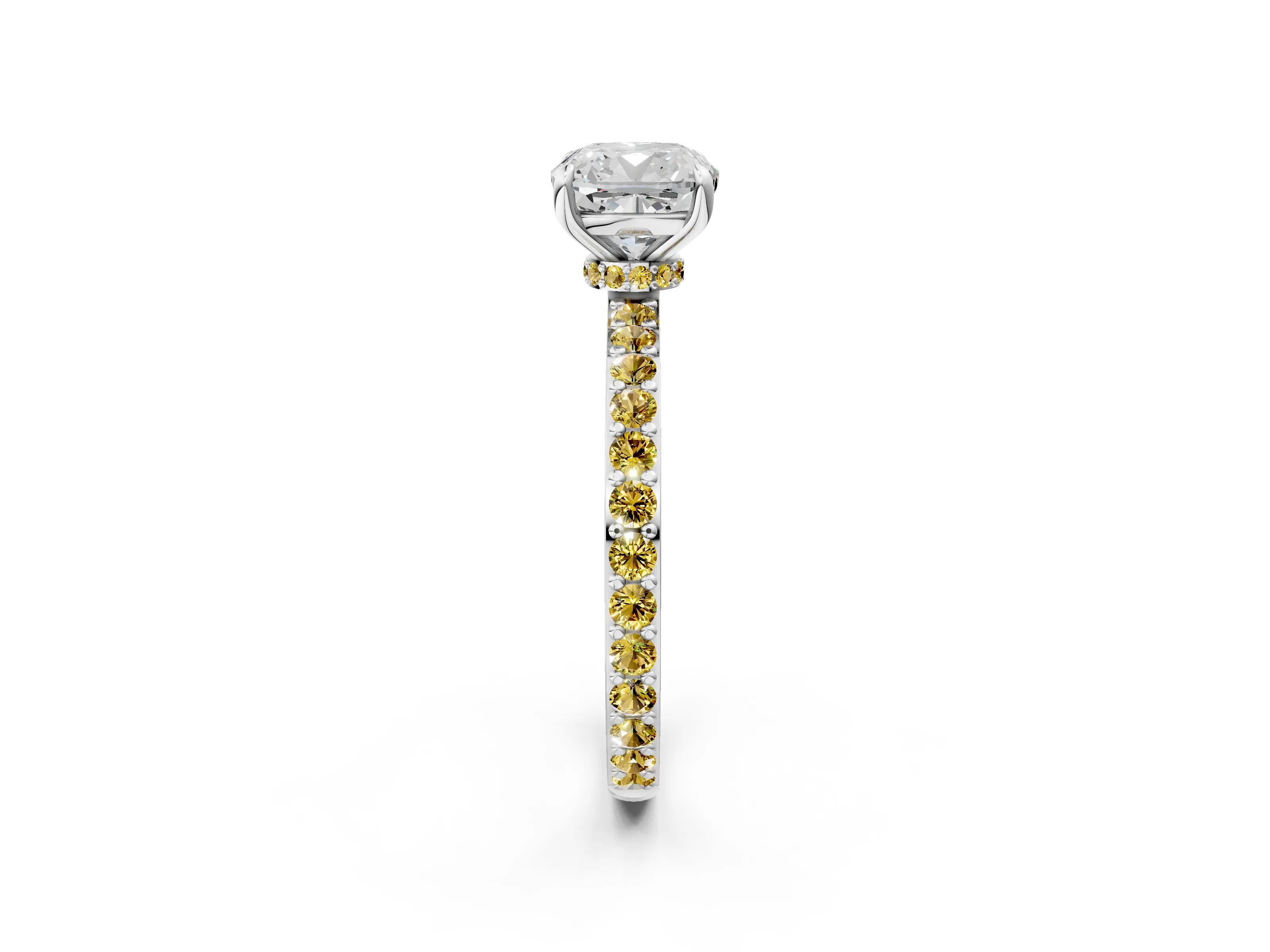 White gold Cushion Cut Diamond Pavé Engagement Ring with Round with Yellow Sapphire side stone Accents and Prong Setting_14