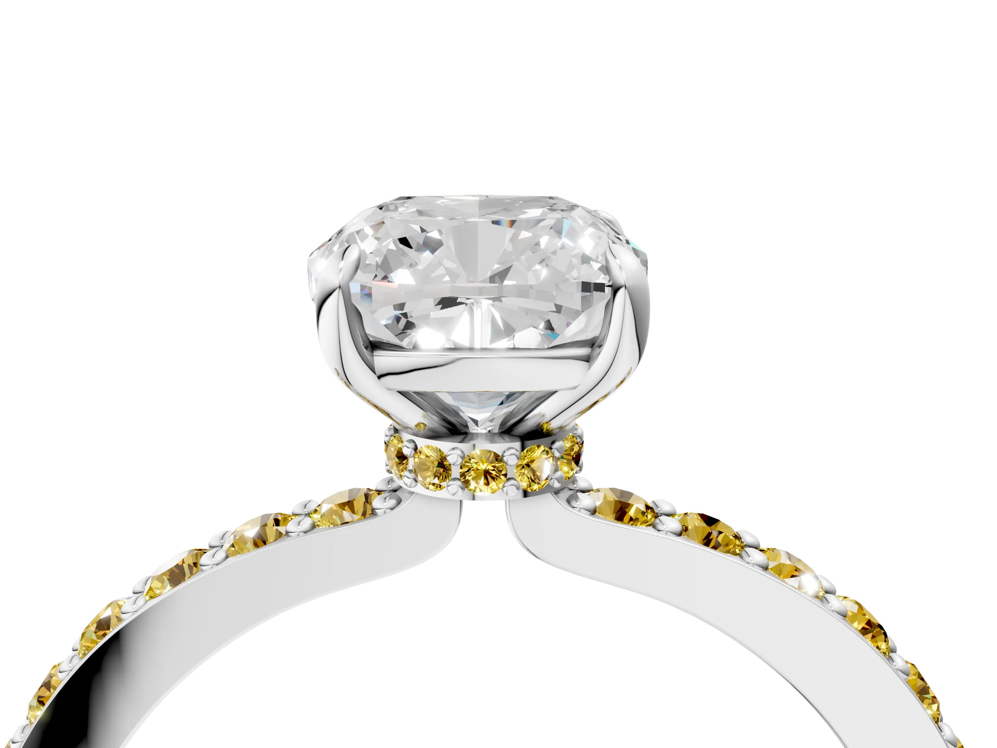 White gold Cushion Cut Diamond Pavé Engagement Ring with Round with Yellow Sapphire side stone Accents and Prong Setting_16