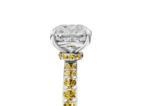 White gold Cushion Cut Diamond Pavé Engagement Ring with Round with Yellow Sapphire side stone Accents and Prong Setting_5