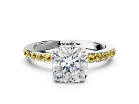 White gold Cushion Cut Diamond Pavé Engagement Ring with Round with Yellow Sapphire side stone Accents and Prong Setting