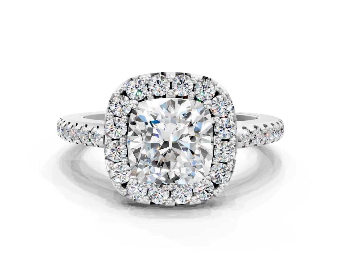 White gold Cushion Cut Diamond Pavé Halo Ring with Four-Prong Setting_42