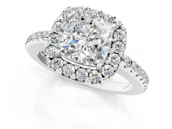 Sterling Silver Cushion Cut Pave Halo Engagement Ring Setting with Pave Band