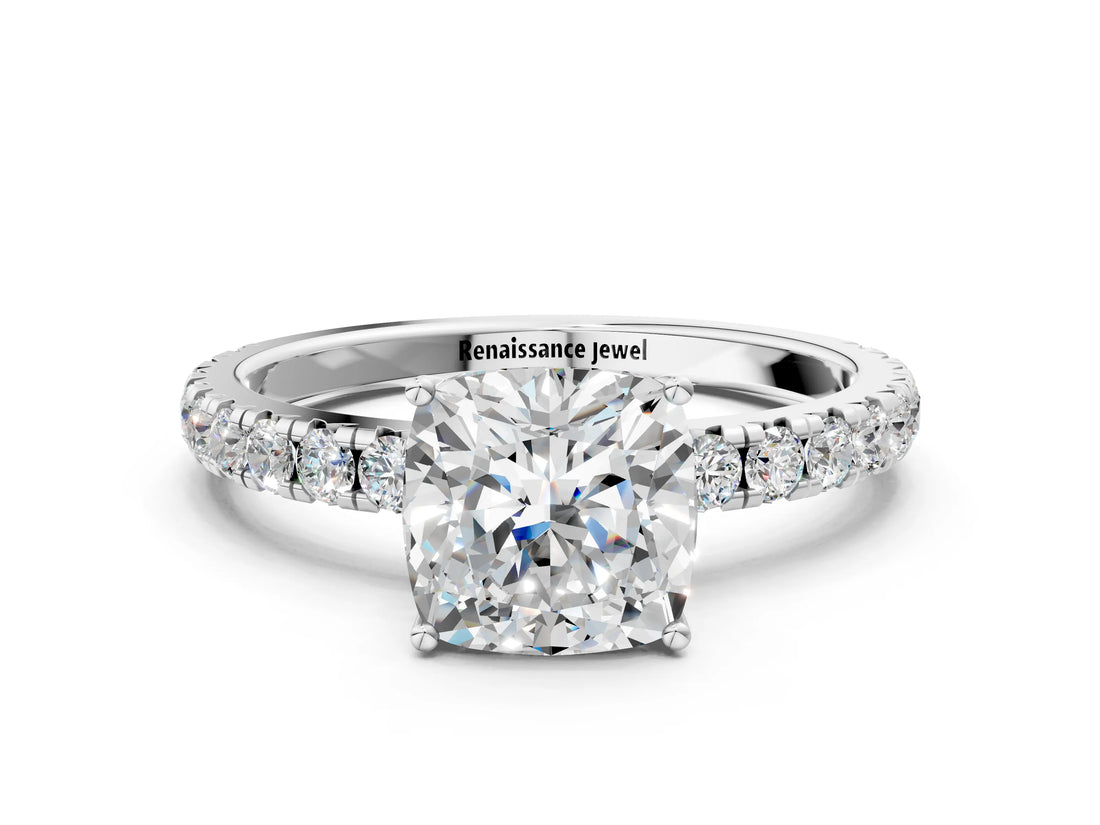 White gold Cushion Cut Diamond Pavé Solitaire Engagement Ring with Four-Prong Setting_77