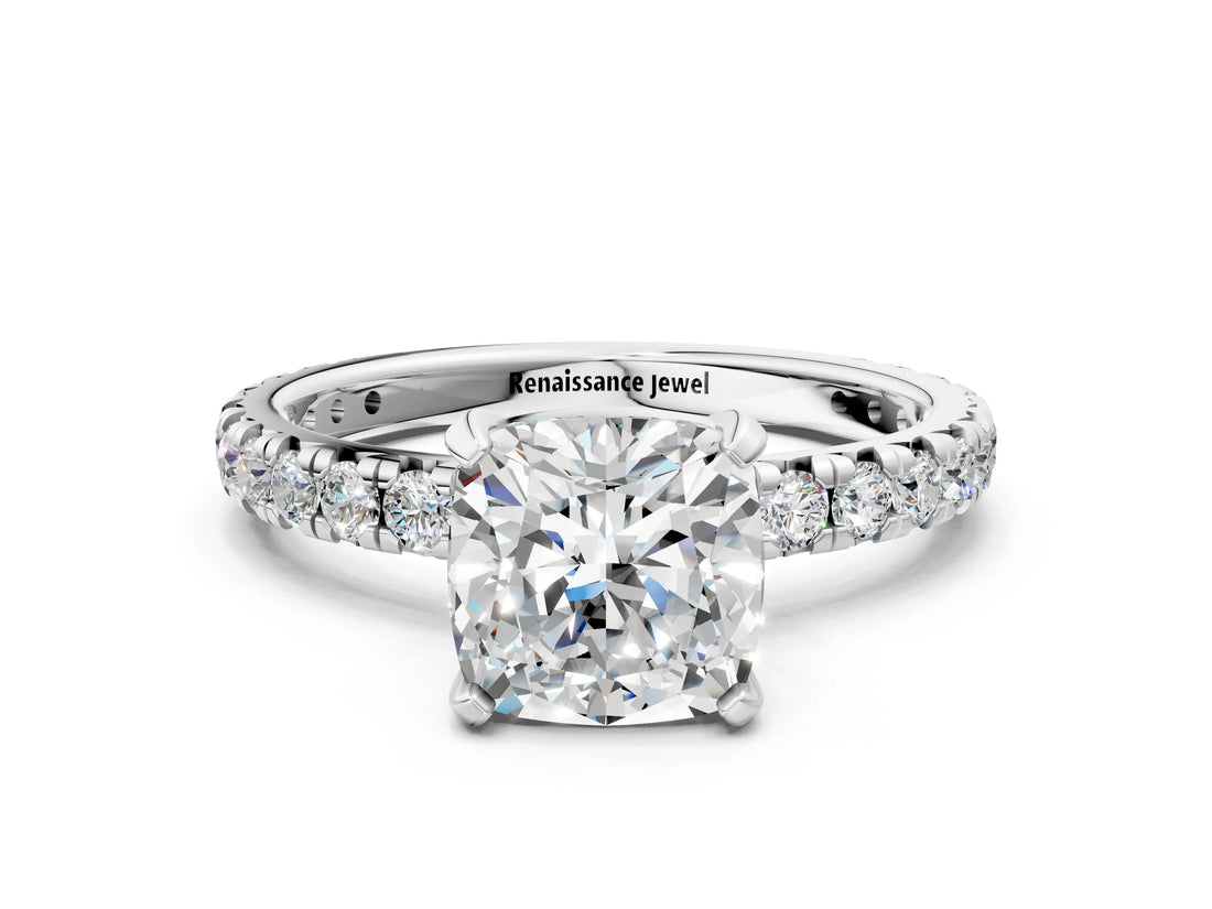 White gold Cushion Cut Diamond Pavé Solitaire Ring with Round Band and Prong Setting_16