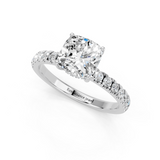 10K White Gold 1.53 Carat D VVS2 Cushion Cut Diamond Pave Band Solitaire Ring with Four-Prong Setting