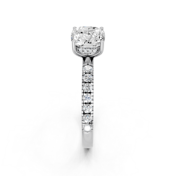 10K White Gold 1.53 Carat D VVS2 Cushion Cut Diamond Pave Band Solitaire Ring with Four-Prong Setting