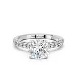 10K White Gold 1.53 Carat D VVS2 Cushion Cut Diamond Pave Band Solitaire Ring with Four-Prong Setting