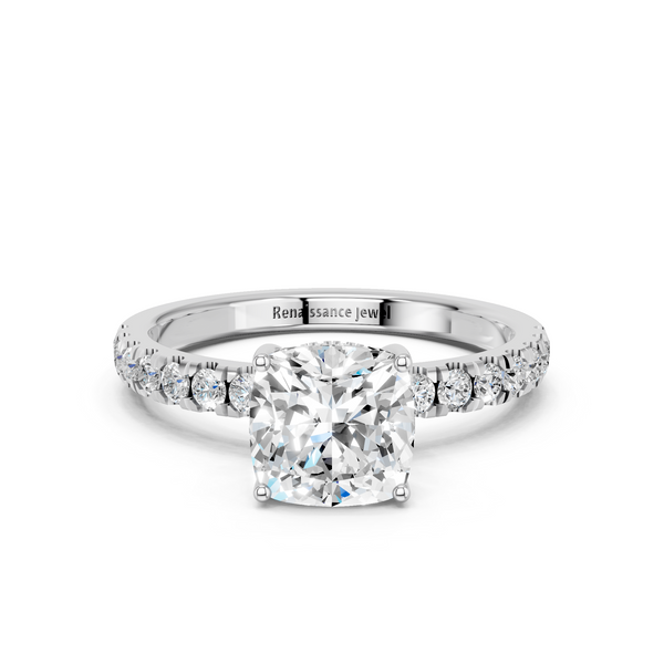 10K White Gold 1.53 Carat D VVS2 Cushion Cut Diamond Pave Band Solitaire Ring with Four-Prong Setting