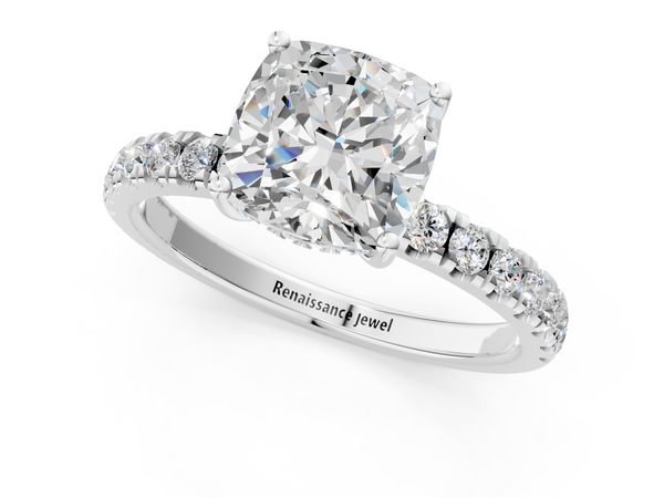 Silver 1.00 Carat E VS1 Cushion Diamond Pave Band Solitaire Ring with Four-Prong Setting