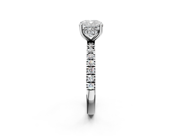 Silver 1.00 Carat E VS1 Cushion Diamond Pave Band Solitaire Ring with Four-Prong Setting