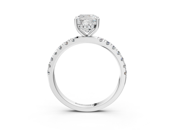 Silver 1.00 Carat E VS1 Cushion Diamond Pave Band Solitaire Ring with Four-Prong Setting