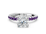 White gold Cushion Cut Diamond Pave Band Solitaire Ring with Round with Amethyst side stone and Prong Setting_24