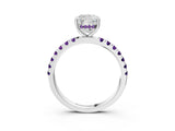 White gold Cushion Cut Diamond Pave Band Solitaire Ring with Round with Amethyst side stone and Prong Setting_27