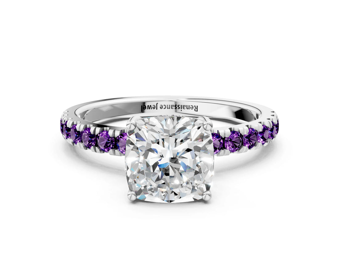 White gold Cushion Cut Diamond Pave Band Solitaire Ring with Round with Amethyst side stone and Prong Setting_35