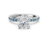 White gold Cushion Cut Diamond Pave Band Solitaire Ring with Round with Aquamarine side stone and Prong Setting_24