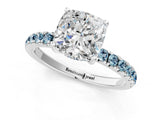 White gold Cushion Cut Diamond Pave Band Solitaire Ring with Round with Aquamarine side stone and Prong Setting_25