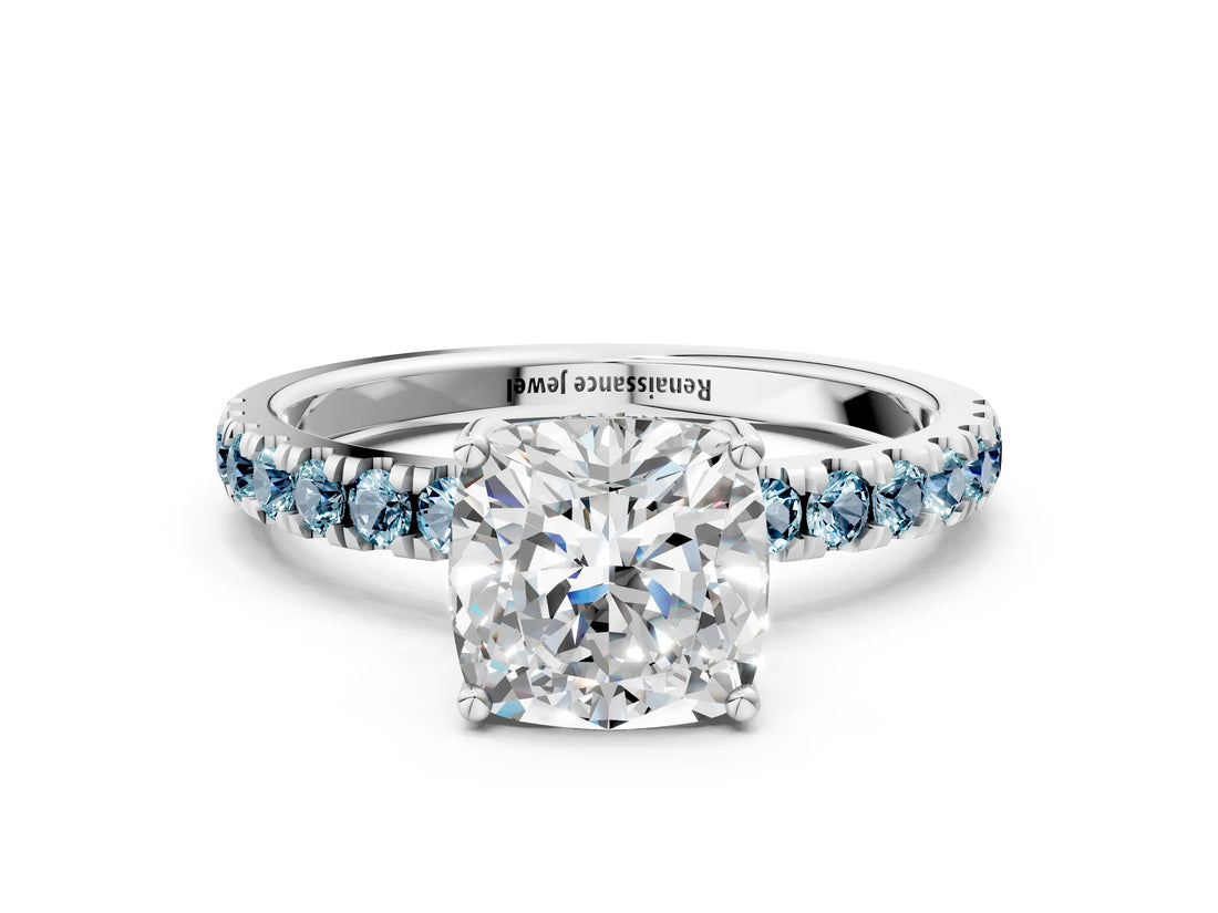 White gold Cushion Cut Diamond Pave Band Solitaire Ring with Round with Aquamarine side stone and Prong Setting_36