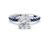 White gold Cushion Cut Diamond Pave Band Solitaire Ring with Round with Blue Sapphire side stone and Prong Setting_24