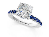 White gold Cushion Cut Diamond Pave Band Solitaire Ring with Round with Blue Sapphire side stone and Prong Setting_25