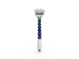 White gold Cushion Cut Diamond Pave Band Solitaire Ring with Round with Blue Sapphire side stone and Prong Setting_26