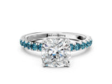 White gold Cushion Cut Diamond Pave Band Solitaire Ring with Round with Blue Topaz side stone and Prong Setting_36