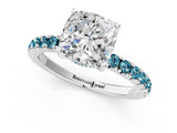 White gold Cushion Cut Diamond Pave Band Solitaire Ring with Round with Blue Topaz side stone and Prong Setting_37