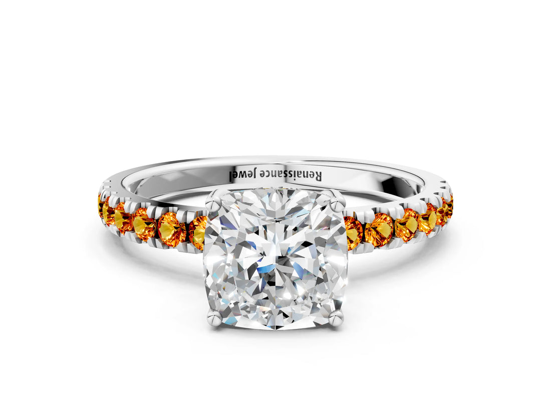 White gold Cushion Cut Diamond Pave Band Solitaire Ring with Round with Citrine side stone and Prong Setting