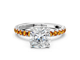 White gold Cushion Cut Diamond Pave Band Solitaire Ring with Round with Citrine side stone and Prong Setting