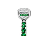 White gold Cushion Cut Diamond Pave Band Solitaire Ring with Round with Emerald side stone and Prong Setting_29