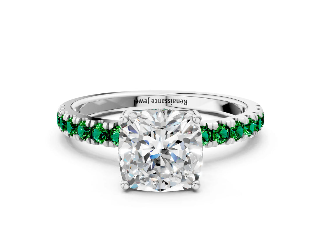 White gold Cushion Cut Diamond Pave Band Solitaire Ring with Round with Emerald side stone and Prong Setting_36