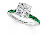 White gold Cushion Cut Diamond Pave Band Solitaire Ring with Round with Emerald side stone and Prong Setting_37
