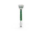 White gold Cushion Cut Diamond Pave Band Solitaire Ring with Round with Emerald side stone and Prong Setting_38