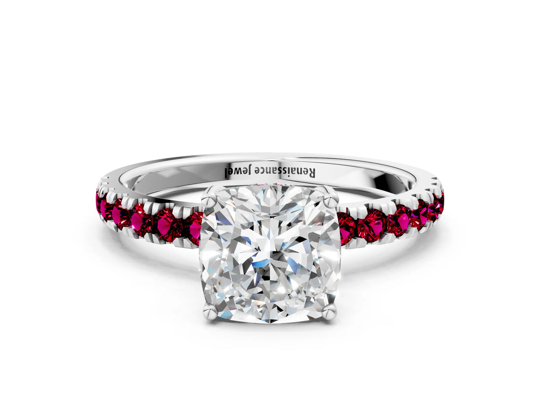 White gold Cushion Cut Diamond Pave Band Solitaire Ring with Round with Garnet side stone and Prong Setting_60