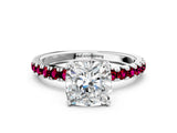 White gold Cushion Cut Diamond Pave Band Solitaire Ring with Round with Garnet side stone and Prong Setting_60