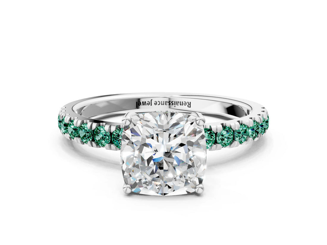 White gold Cushion Cut Diamond Pave Band Solitaire Ring with Round with Green Sapphire side stone and Prong Setting_12