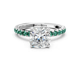 White gold Cushion Cut Diamond Pave Band Solitaire Ring with Round with Green Sapphire side stone and Prong Setting_12