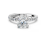 White gold Cushion Cut Diamond Pave Band Solitaire Ring with Round with Moissanite side stone and Prong Setting_72