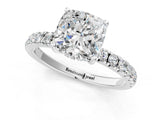 White gold Cushion Cut Diamond Pave Band Solitaire Ring with Round with Moissanite side stone and Prong Setting_73