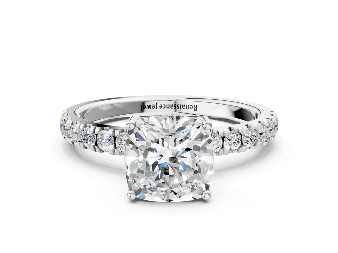 White gold Cushion Cut Diamond Pave Band Solitaire Ring with Round with Moissanite side stone and Prong Setting_78