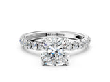 White gold Cushion Cut Diamond Pave Band Solitaire Ring with Round with Moissanite side stone and Prong Setting_78