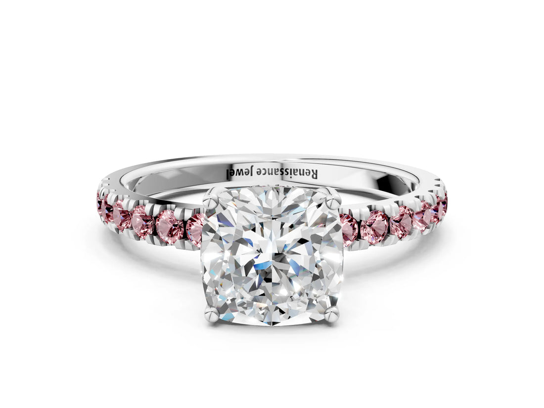 White gold Cushion Cut Diamond Pave Band Solitaire Ring with Round with Morganite side stone and Prong Setting_36