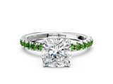 10K White Gold 3.03 Carat E VVS2 Cushion Diamond Pave Band Solitaire Ring with Round and Prong Setting