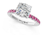White gold Cushion Cut Diamond Pave Band Solitaire Ring with Round with Pink Sapphire side stone and Prong Setting_37